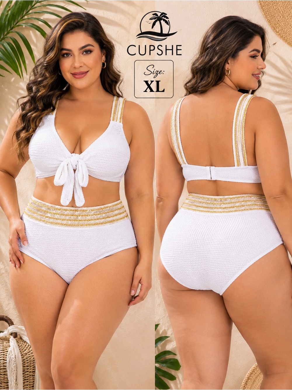 Cupshe White & Gold Tie-Front High-Waist Bikini - XL
